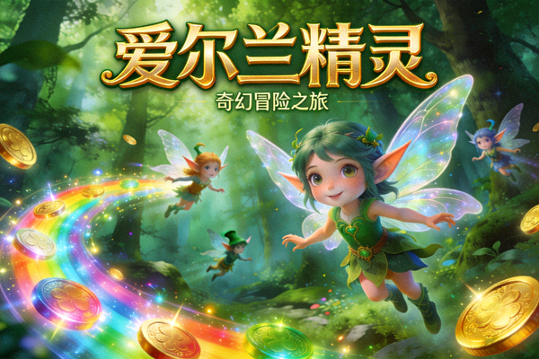 爱尔兰精灵游戏封面，绿色森林中飞舞的精灵与彩虹金币光效