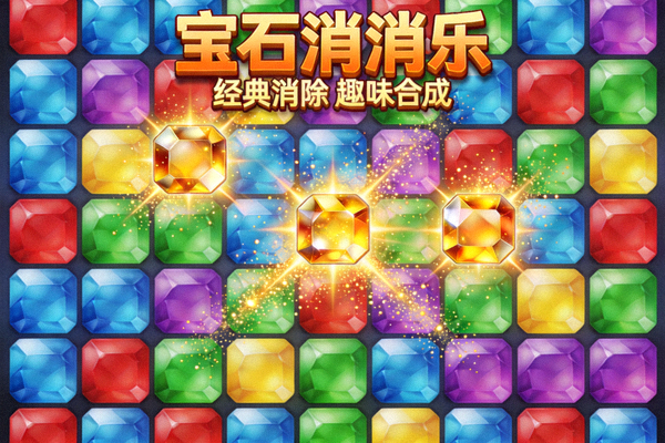模拟消除类游戏封面，彩色宝石方块整齐排列与合成光效