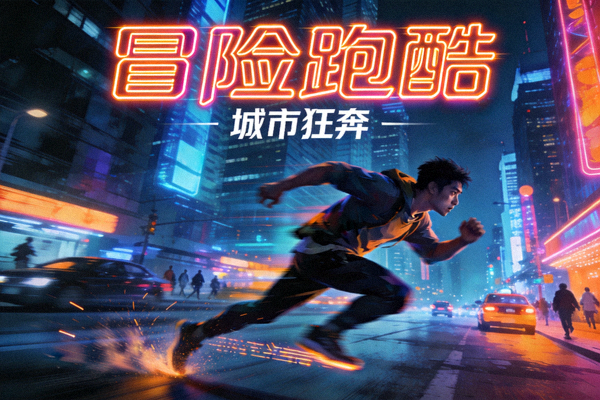 冒险跑酷类游戏封面，霓虹城市夜景中的高速奔跑角色
