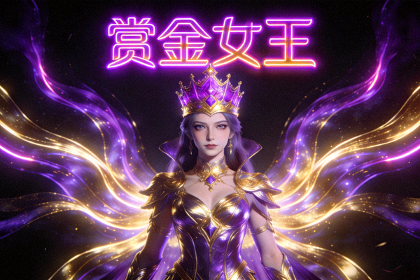 赏金女王游戏封面，紫金色王冠与霓虹光效环绕的女王角色
