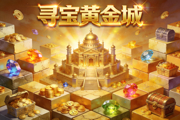 寻宝黄金城游戏封面，金色宫殿与层层堆叠的宝藏方块场景