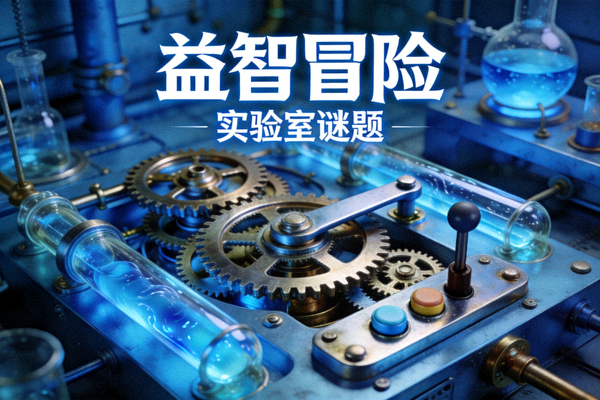 益智冒险类游戏封面，蓝色实验室风格谜题机关与齿轮装置